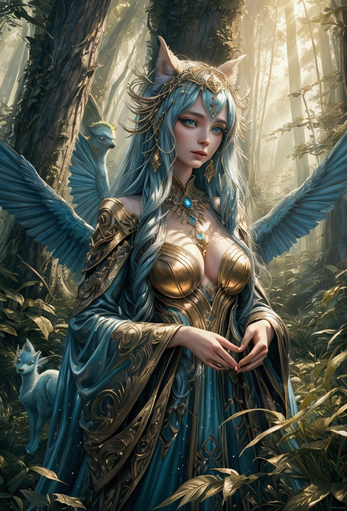 A beautiful, enchantingly elusive humanoid faunus woman, every aspect exudes magic in the midst of danger: shimmering rainbow fur, ethereal golden horn, and eyes that seem to hold the secrets of the universe. The mystical creature is surrounded by a lush, enchanted forest, bathed in the soft light of the setting sun, creating a dreamlike atmosphere that transports viewers to a realm of fantasy and wonder. This breathtaking image is a digital painting that captures the essence of the mythical creature with stunning detail and masterful technique, making it a truly mesmerizing work of art.