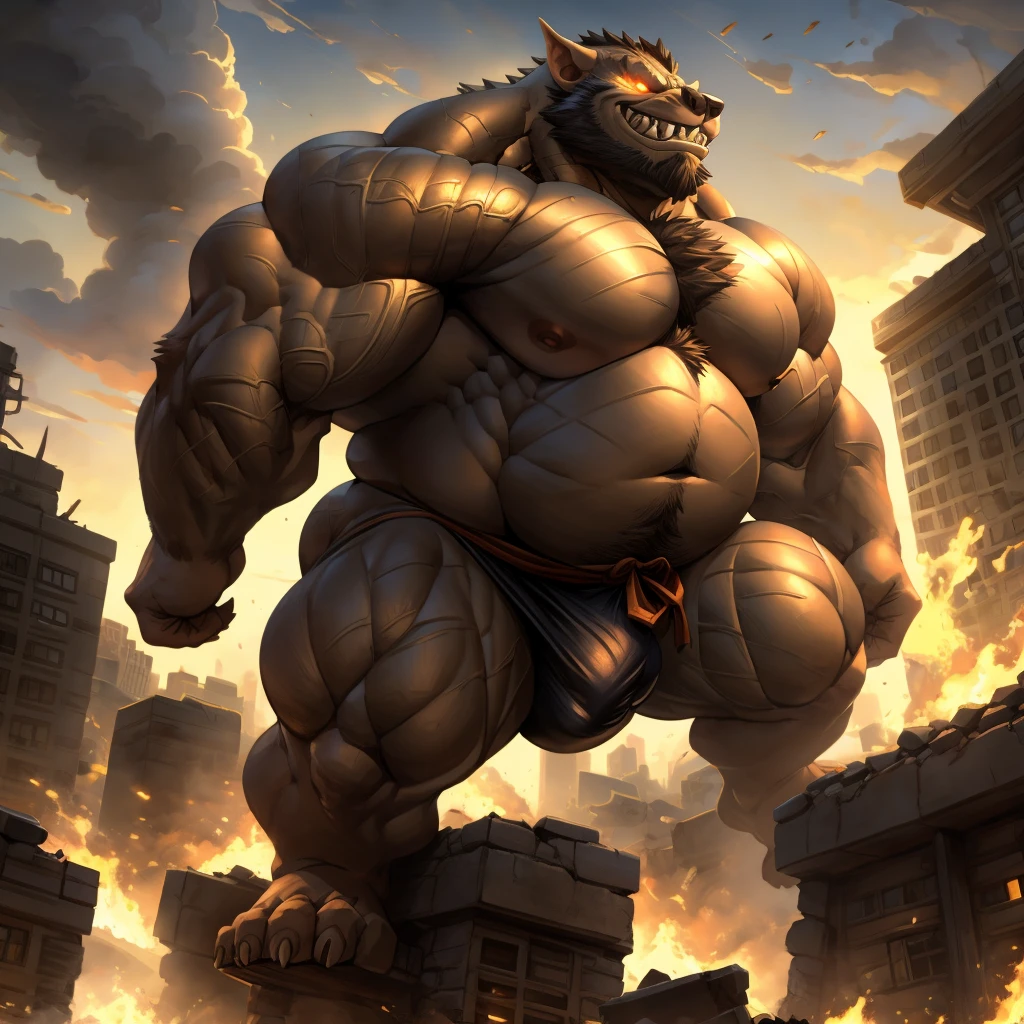 Epic Citizen Zootopia style, My Heroe Academia Character, Dungeons and Dragons style, A poor villager, Real life, Anime serie, Anime character, Obese muscle Obese Sumo wrestler Werebeast Kid, full body pic (obese, strong legs and arms) Sumo wrestler Werebeast Kid. Obese muscle fat kid (bulky, wide, broad shoulders), Citizen obese Werebeast kid, Orc, male, Strong build, green hairy skin, chest hair, black beard, long sharp teeth, large thick lower canine teeth, thick pointed ears, (glowing eyes: 1.2), giant sized, no pants, larger than city, reclining on a battlefield, buckled boots, stepping on building, rampage, impact, his foot is breaking the ground, wearing a rag around waist, looking down, evil smile, thick arms, thick thighs, (large pecs: 1.2), fat pecs, (bara pecs: 1.3), macro, landscape dwarfing, city destruction, building destruction, ruined city, city on fire, city dwarfing, giant bulge in pants, tiny human soldiers
