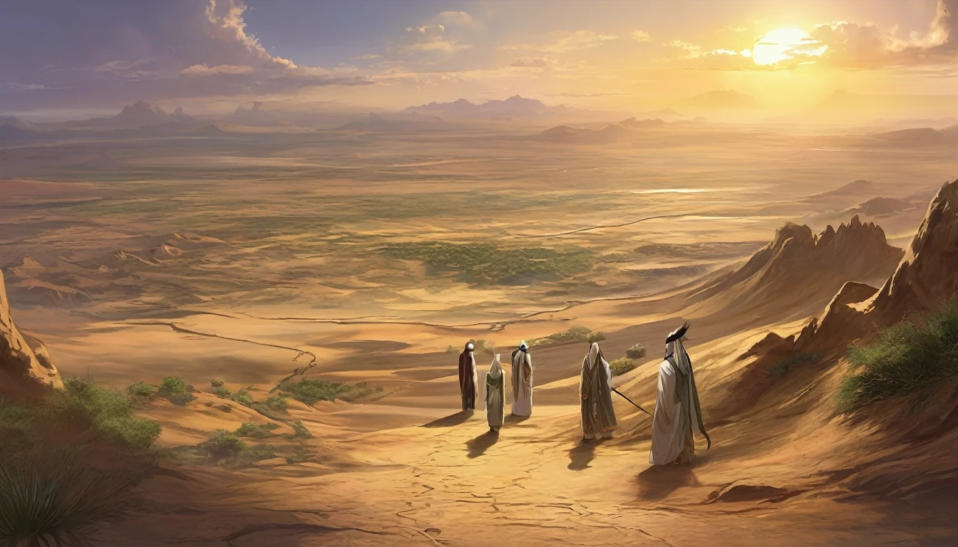 The vast, harsh desert stretches as far as the eye can see., Its aridity was only cut short by the ancient stone cities, Standing on the horizon. A tranquil oasis unfolds before your eyes, The water surface reflecting the golden light of the setting sun. The story unfolds in this desolate landscape., A town where Abraham and his wife Sarah took temporary refuge, Secrets of the past and future intertwine. Genesis 20、Revealing a landmark encounter in this ancient landscape. anime style image