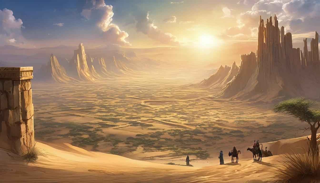 The vast, harsh desert stretches as far as the eye can see., Its aridity was only cut short by the ancient stone cities, Standing on the horizon. A tranquil oasis unfolds before your eyes, The water surface reflecting the golden light of the setting sun. The story unfolds in this desolate landscape., A town where Abraham and his wife Sarah took temporary refuge, Secrets of the past and future intertwine. Genesis 20、Revealing a landmark encounter in this ancient landscape. anime style image