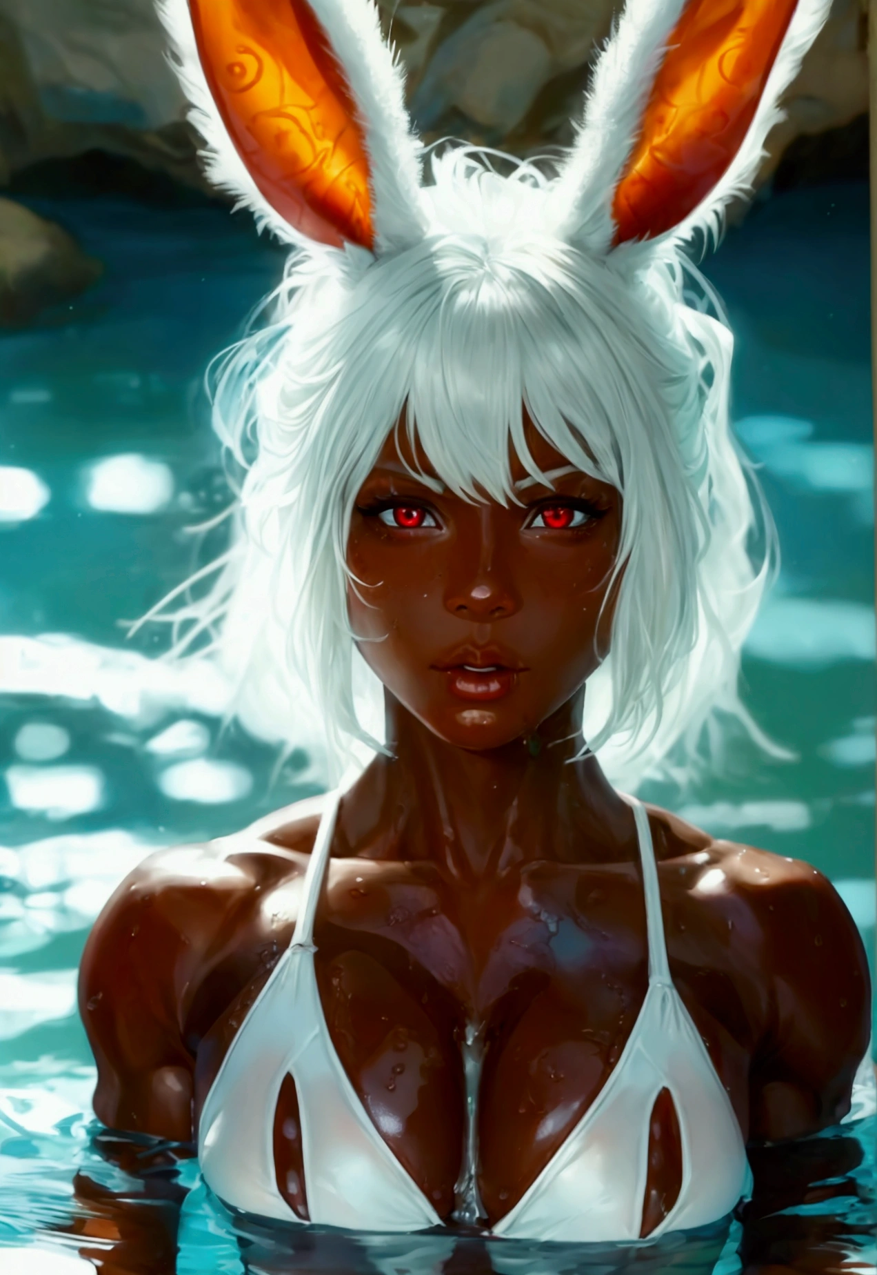 Rabbit woman with brown skin, white hair, red eyes, muscular, big breasts, wearing swimming clothes