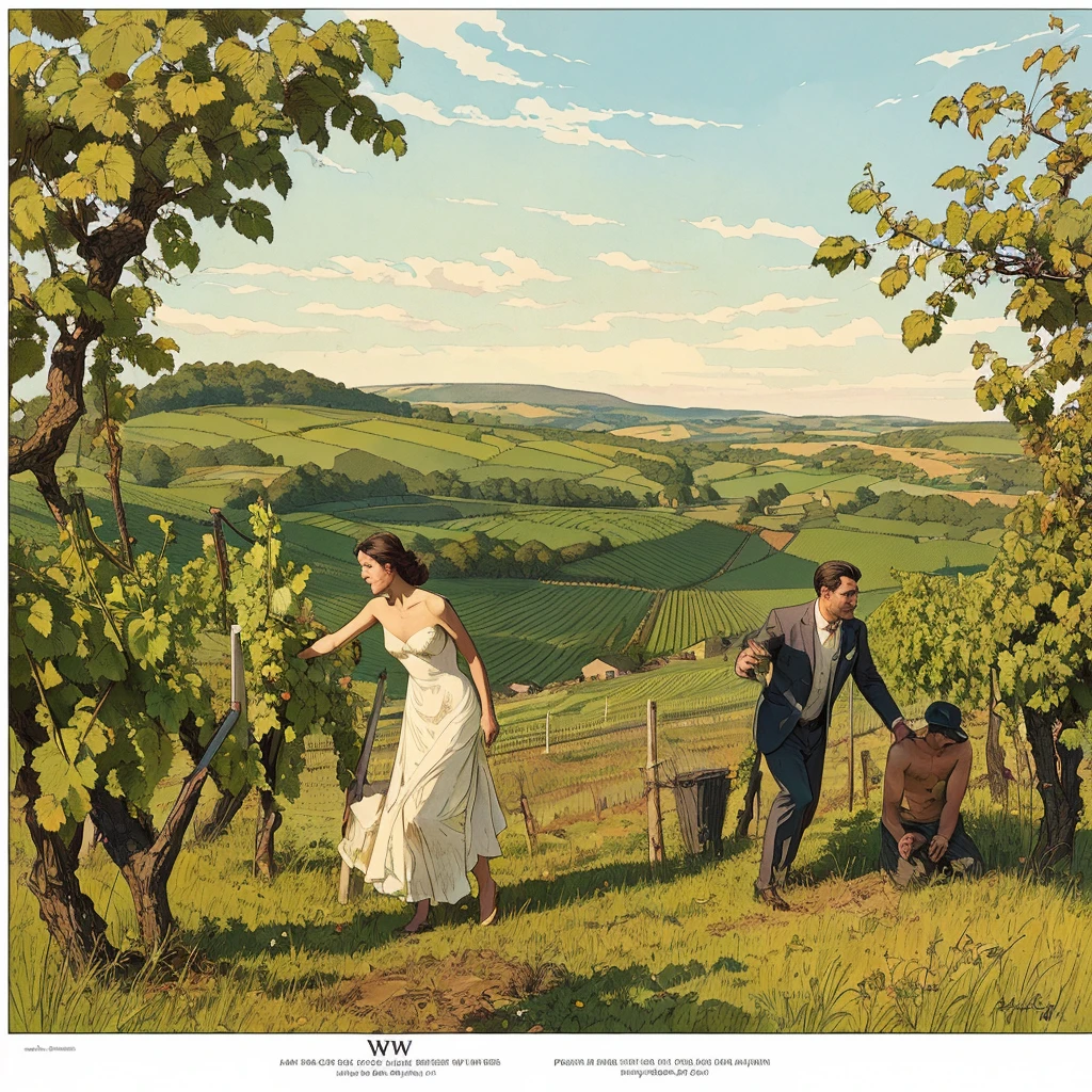 full body view, ewo naked shaved rural woman and a man work in Vineyard on hill, Andrew Loomis style, Masterpiece work of art, highly detailed linework reminiscent of Carne Griffiths, imbued with Wadim Kashim's bold color and texture, light and airy as Carl Larsson's compositions, featuring Pascal Blanche-style hyper-realistic characte
