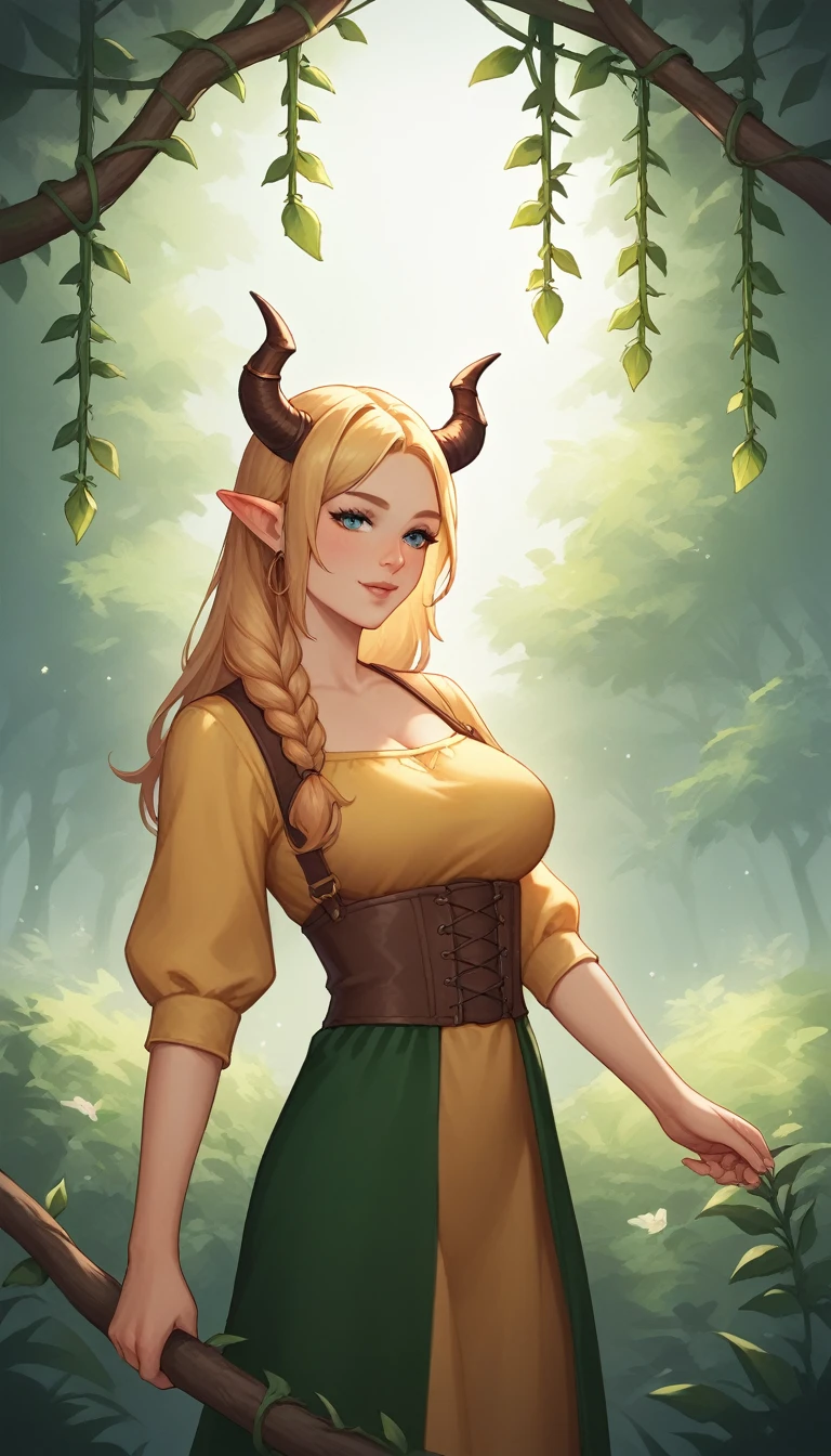 score_9, score_8_up, score_7_up, score_6_up, score_5_up, score_4_up, BREAK source_anime, yellow medieval summer girl, concept, vines on the hand and horns from vines