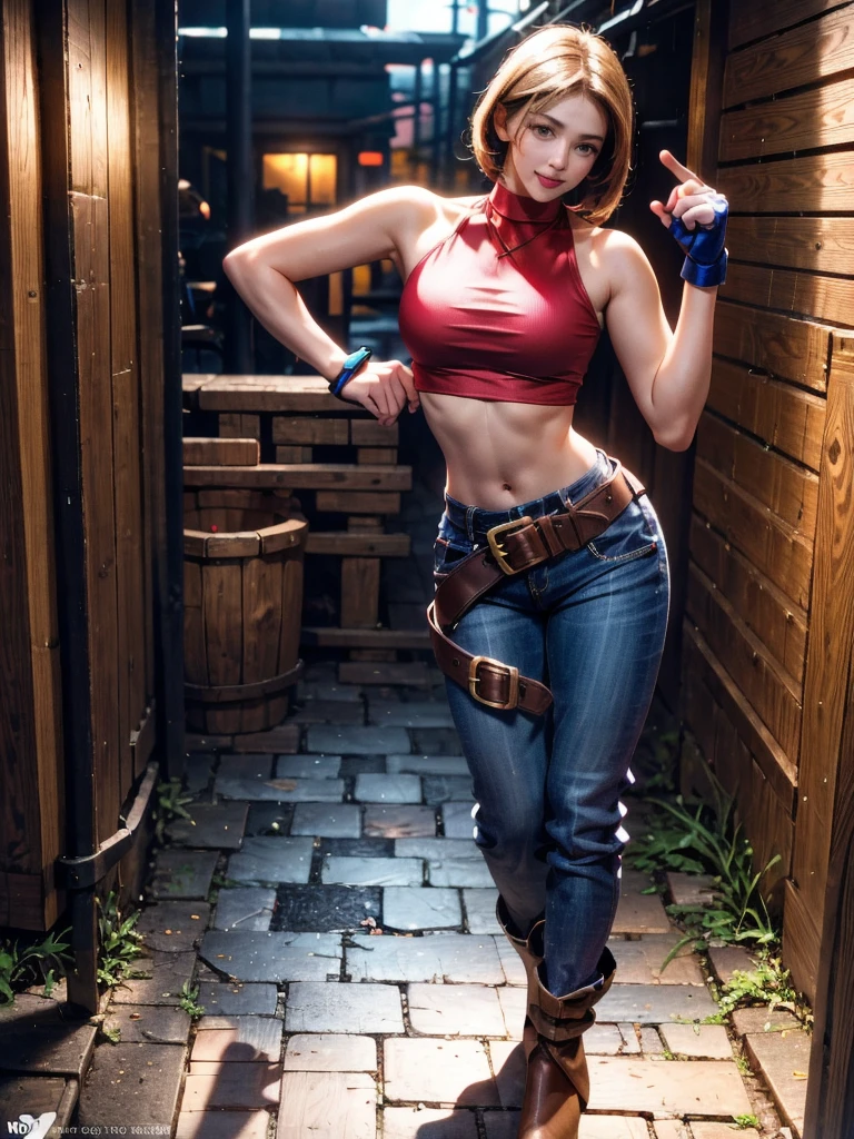 30 year old woman, alone, athletic, by the semi-cut ruby, she is wearing a tight red crop top, he wears blue jogger pants, has two belts, one small and the other a large belt hanging from his brown waist., wears blue fingerless gloves , he wears brown boots, smile at the viewer, points at the viewer, There is a little brown dog with white spots with her, high resolution, absurd, intricate, sharp focus, a New York alley in the background, Best Quality, Masterpiece, high resolution, Perfect picture, Very detailed, High contrast, Digital colors, simple, medium shot, cinematographic, ultra sharp focus, award-winning photography, perFect contrast, high sharpness, depth of field, ultra detailed photography, global illumination, fluid, ultra high definition, 8k, unreal engine 5, ultra-sharp focus, award-winning photography, Art Season Trends,
