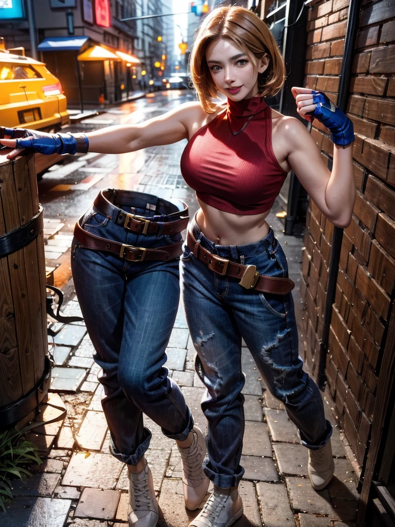30 year old woman, alone, athletic, by the semi-cut ruby, she is wearing a tight red crop top, he wears blue jogger pants, has two belts, one small and the other a large belt hanging from his brown waist., wears blue fingerless gloves , he wears brown boots, smile at the viewer, points at the viewer, There is a little brown dog with white spots with her, high resolution, absurd, intricate, sharp focus, a New York alley in the background, Best Quality, Masterpiece, high resolution, Perfect picture, Very detailed, High contrast, Digital colors, simple, medium shot, cinematographic, ultra sharp focus, award-winning photography, perFect contrast, high sharpness, depth of field, ultra detailed photography, global illumination, fluid, ultra high definition, 8k, unreal engine 5, ultra-sharp focus, award-winning photography, Art Season Trends,