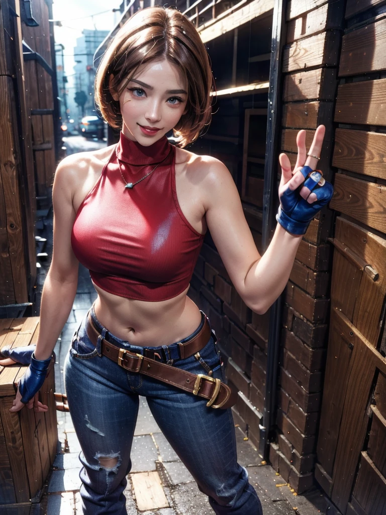 30 year old woman, alone, athletic, by the semi-cut ruby, she is wearing a tight red crop top, he wears blue jogger pants, has two belts, one small and the other a large belt hanging from his brown waist., wears blue fingerless gloves , he wears brown boots, smile at the viewer, points at the viewer, There is a little brown dog with white spots with her, high resolution, absurd, intricate, sharp focus, a New York alley in the background, Best Quality, Masterpiece, high resolution, Perfect picture, Very detailed, High contrast, Digital colors, simple, medium shot, cinematographic, ultra sharp focus, award-winning photography, perFect contrast, high sharpness, depth of field, ultra detailed photography, global illumination, fluid, ultra high definition, 8k, unreal engine 5, ultra-sharp focus, award-winning photography, Art Season Trends,