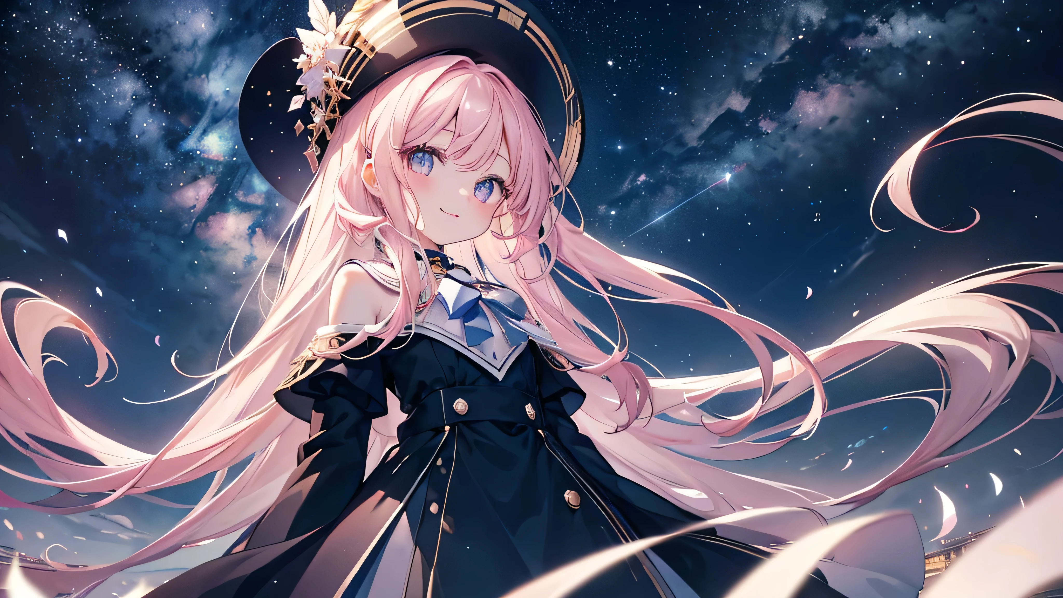 (Night Sky), ((Beautiful eyes)), (((The best smile,Angle from below))), (((Highest quality、masterpiece、Ultra-fine、Ultra-fine、Exquisite、16K、Full HD,high school girl))) 、Long eyelashes、White skin、(thin and long)、 ((cute)) ((One person), (A magnificent composition、epic proportion)、(Pale pink lips、Pale pink cheeks、thin and long)、Dynamic lighting,