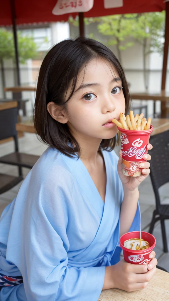 11 year old girl Japanese Light blue yukata Realistic Skin Bigeyes Eating french fries