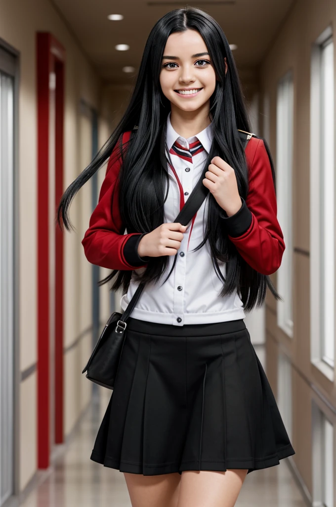 Boku no Hero Academia anime girl with long black hair with red tips black eye with red center with white stars and with a smiling expression on her face in the ua uniform walking down the ua hallway