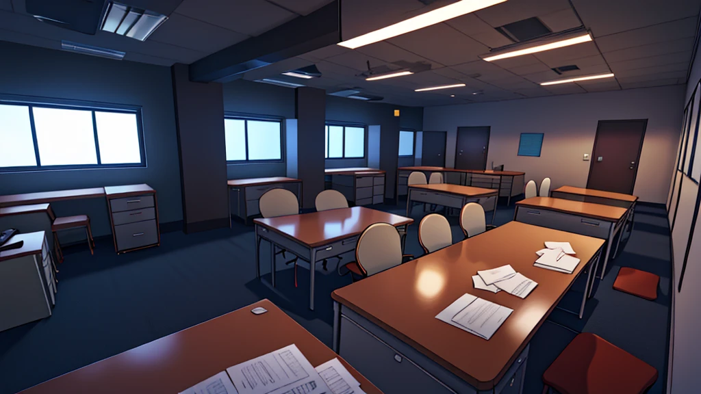 inside a office room, dark, no humans, no persons, at night