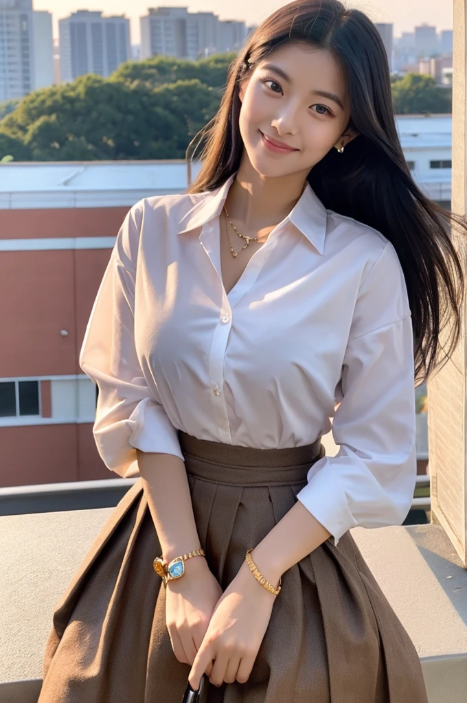 Rooftop of university building, 4th year university student, ((full body)), ((photo)), ((best qualtiy, 8K, tmasterpiece:1.3)), Focus:1.2, perfect figure beautiful girl:1.4, 1girl, cowboy shot, look at viewer, eyes facing the camera, incredibly absurd, beautiful and cute girl with a photorealistic face, showcasing top-quality craftsmanship, A Japanese girl watching the sunset on the roof of a university building, 19 years old, long, straight, silky black hair, fair skin, big eyes, thin eyebrows, double eyelids, long eyelashes, pink lips, smile, devilish smile, gorgeous features, well-defined facial features, beautiful face line, mysterious beauty, slender, tall, well-balanced proportions, large E-cup breasts, white shirt, tight black skirt, beige pumps, gold necklace and bracelet, small earrings, elegant ring, pretty girl, beauty, devilish type, pretty older sister, passionate about art, sociable, friendly, positive, has leadership skills, is proactive, is flexible, gets things done efficiently, works hard towards dreams and goals, March