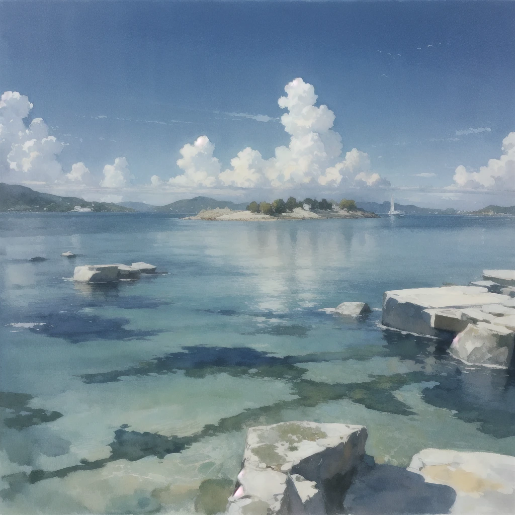 Deep subliminal, Surrealism, in watercolor style, Photorealism, view from the water