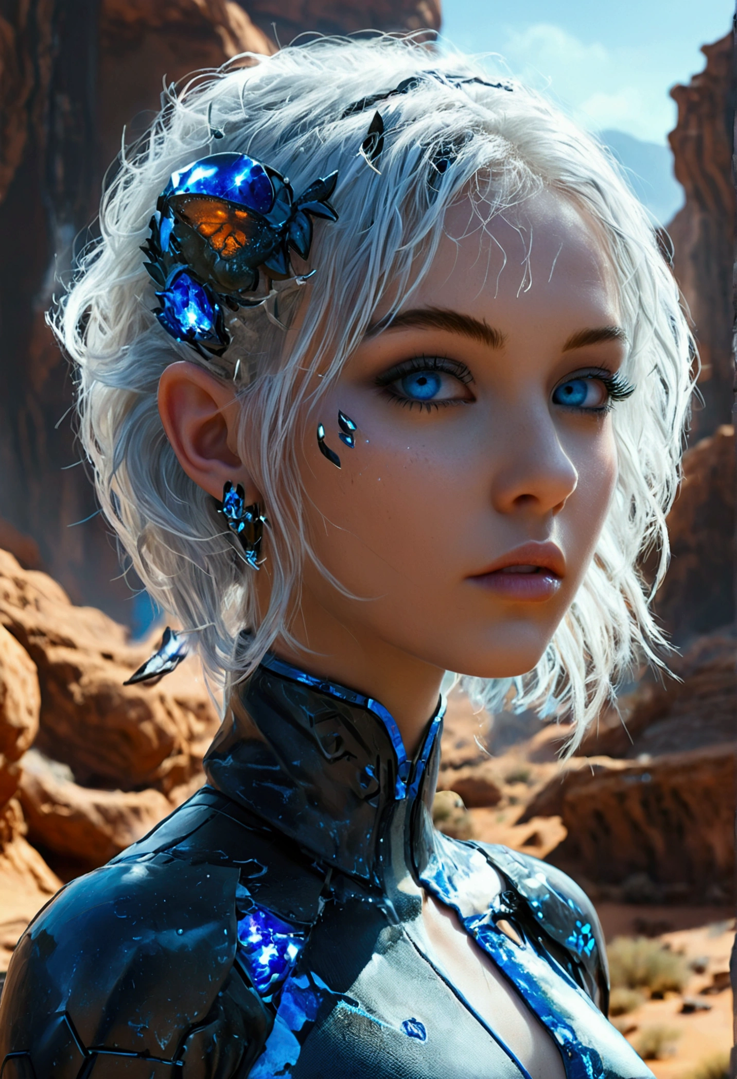"Generate a realistic image of Nyx, a 22-year-old woman with Martian ears, white hair in a butterfly cut, piercing blue crystal eyes, and a slim, well-defined body. She has a confident and curious expression and wears a gray and blue uniform jumpsuit with a lance-shaped piercing. The background is a futuristic Martian landscape, with remnants of advanced technology and a sense of mystery and intrigue."
This updated prompt should give you an image that captures Nyx's unique appearance and personality, as well as the futuristic and otherworldly setting of her origin story.