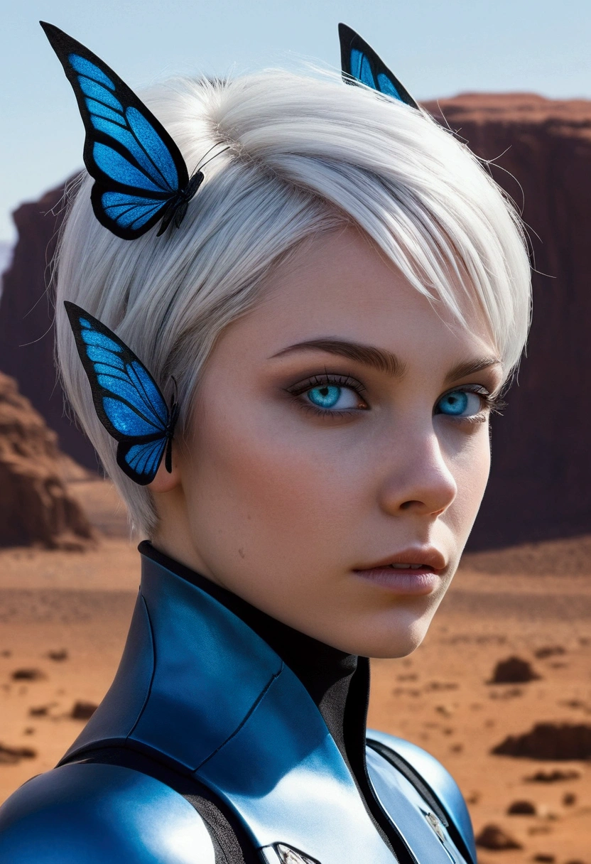 "Generate a realistic image of Nyx, a 22-year-old woman with Martian ears, white hair in a butterfly cut, piercing blue crystal eyes, and a slim, well-defined body. She has a confident and curious expression and wears a gray and blue uniform jumpsuit with a lance-shaped piercing. The background is a futuristic Martian landscape, with remnants of advanced technology and a sense of mystery and intrigue."

This updated prompt should give you an image that captures Nyx's unique appearance and personality, as well as the futuristic and otherworldly setting of her origin story.