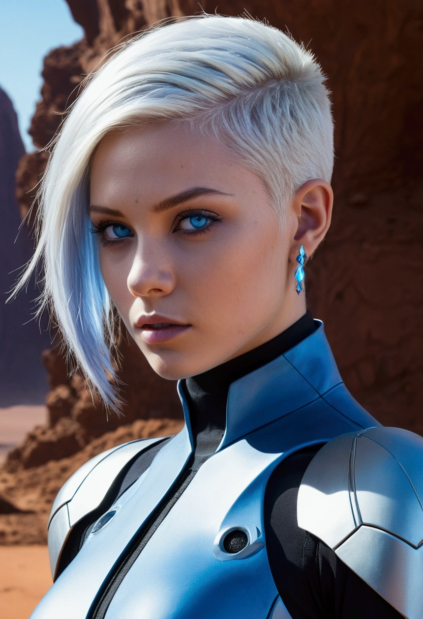 "Generate a realistic image of Nyx, a 22-year-old woman with Martian ears, white hair in a butterfly cut, piercing blue crystal eyes, and a slim, well-defined body. She has a confident and curious expression and wears a gray and blue uniform jumpsuit with a lance-shaped piercing. The background is a futuristic Martian landscape, with remnants of advanced technology and a sense of mystery and intrigue."
This updated prompt should give you an image that captures Nyx's unique appearance and personality, as well as the futuristic and otherworldly setting of her origin story.