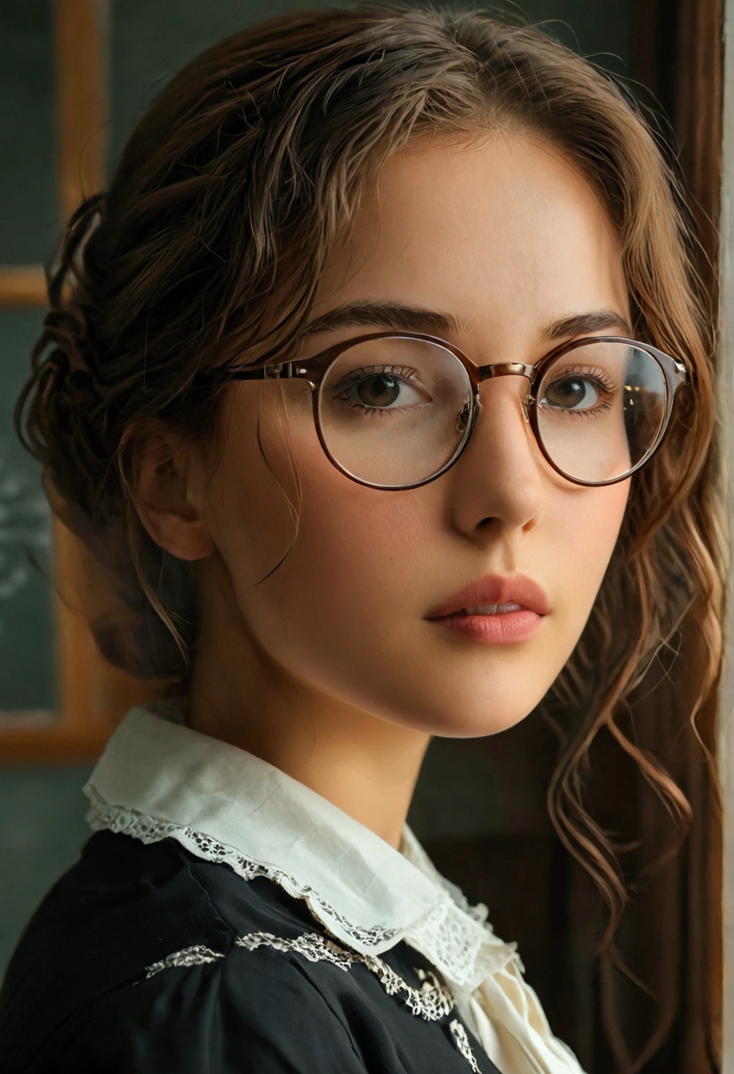 Make a young brown-haired woman with glasses be a teacher