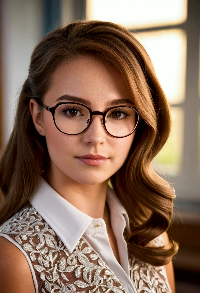 Make a young brown-haired woman with glasses be a teacher 