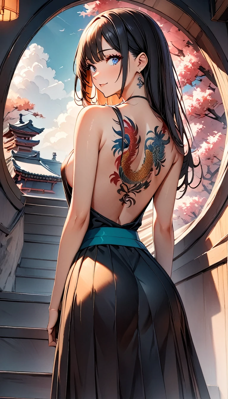 (highest quality:1.2, Very detailed, Latest, Vibrant, Ultra-high resolution, High Contrast, masterpiece:1.2, highest quality, Best aesthetics), (((1 girl))), From the back, big dragon tattoo on back, Tattoo on back, Beautiful nudes, Beautiful back, Pull up your hair, Nape, Detailed tattoo representation, Colorful tattoo dragon, Fine image, A woman with a slender body, The kimono is fluttering, Beautiful Skin, (Detailed Eye Expression:1.2), Beautiful woman looking back, Standing, Cowboy Shot, Black Hair, Long Hair, Dutch Angle, Full Body Shot.