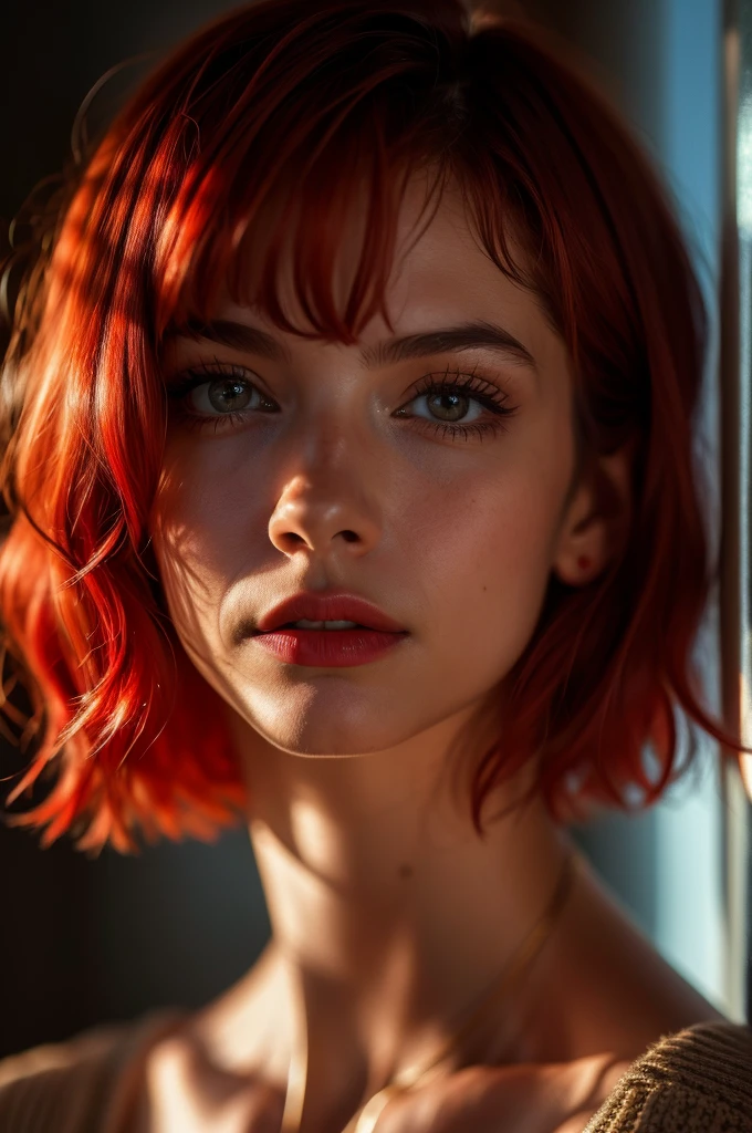Instagram photo, French woman, 21 years old, bob haircut, red hair, close-up portrait, sweater, neckline, pallor, sharp shadows,daring