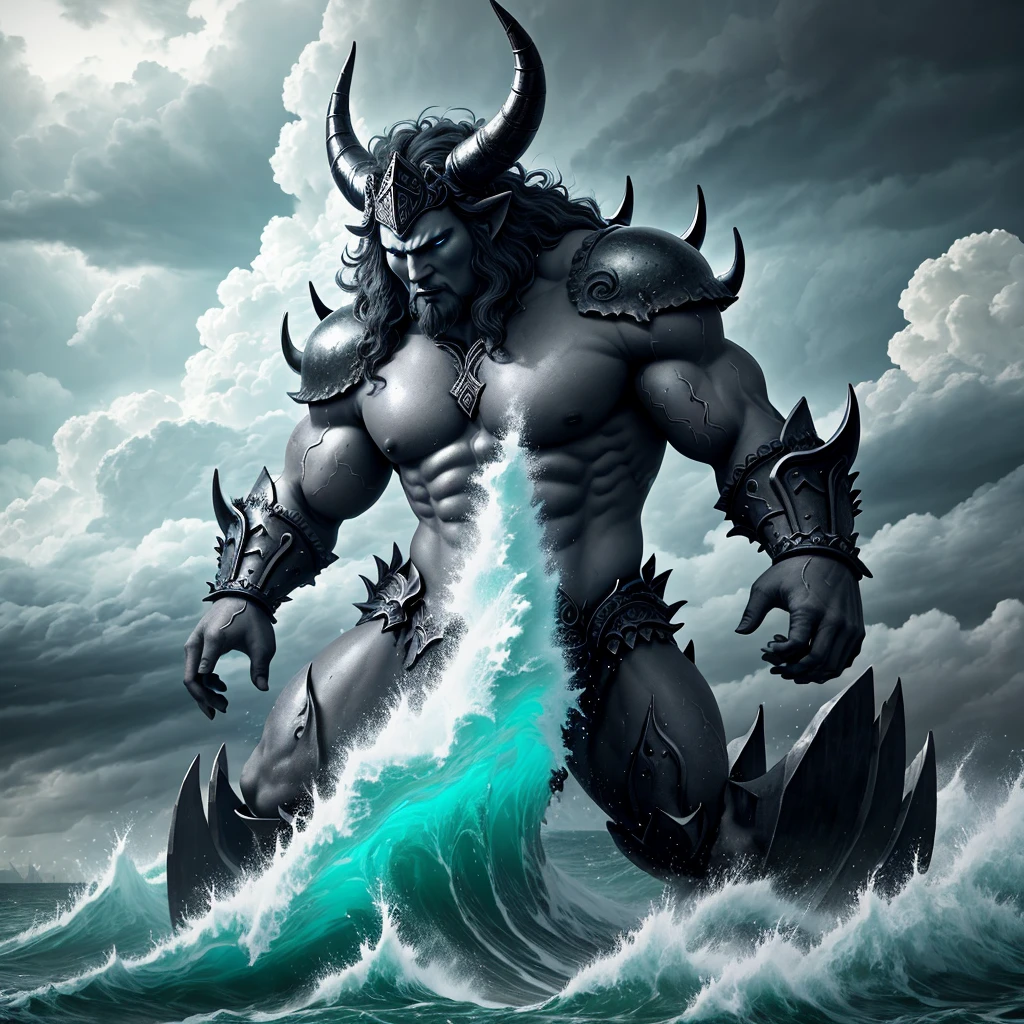 A towering beast with ten horns and seven heads emerges from the sea under a stormy sky. In the background, ancient cities are devastated by giant waves, symbolizing power and destruction."