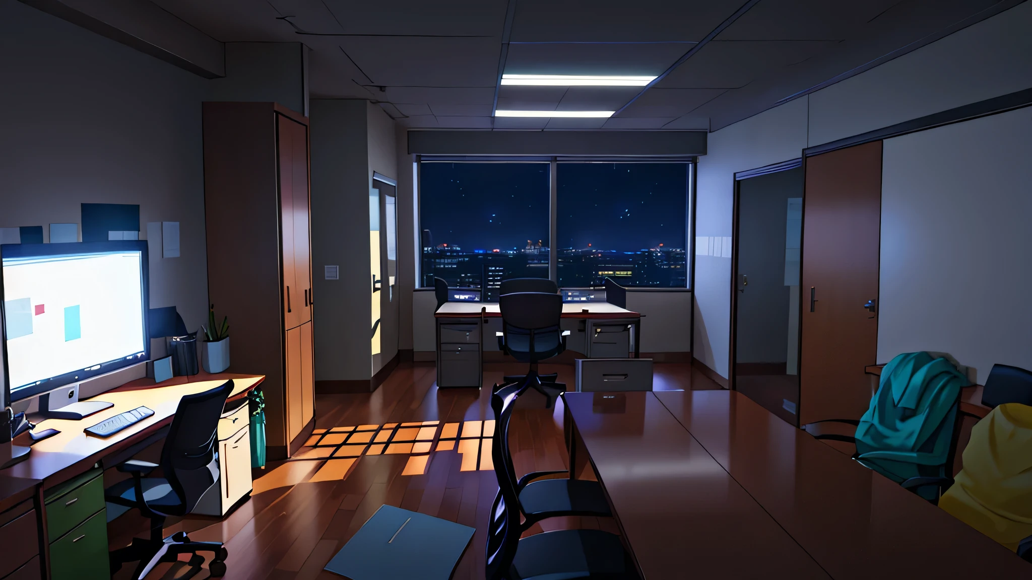 inside a office room, dark, no humans, no persons, at night