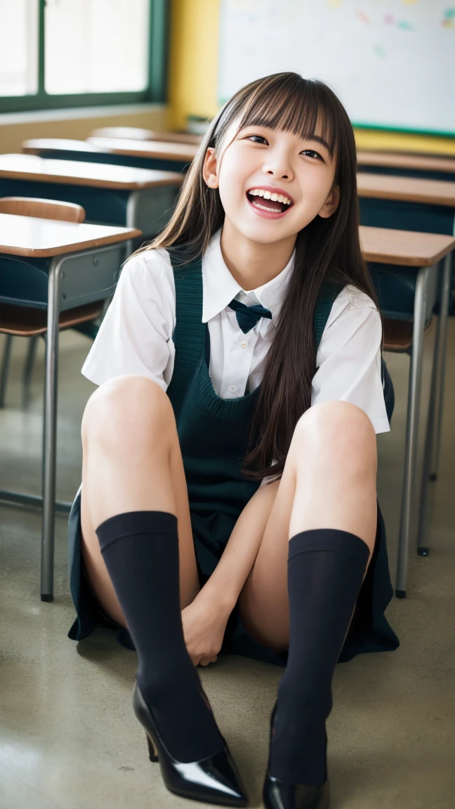(Highest quality, masterpiece, Photo Real, Super detailed, Ultra-high resolution, born:1.3), Detailed face,(カメラを見て大笑いする女子高born), beautiful, Japanese, ,(学born服:1.2), (Looking at the camera and laughing with his mouth wide open), classroom,(Long legs,Black pumps, whole body:1.2),(View from below:1.2)
