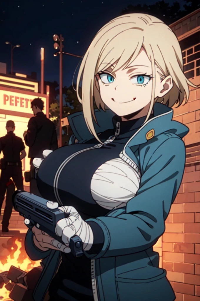 dark art, thick outlines, comics, perfect hands, masterpiece:1.2, ruined city at night, crazy, smiling, 1 girl, deagle guns in hands, blood, bandages around , big breast,led background, detailed face, detailed eyes, 