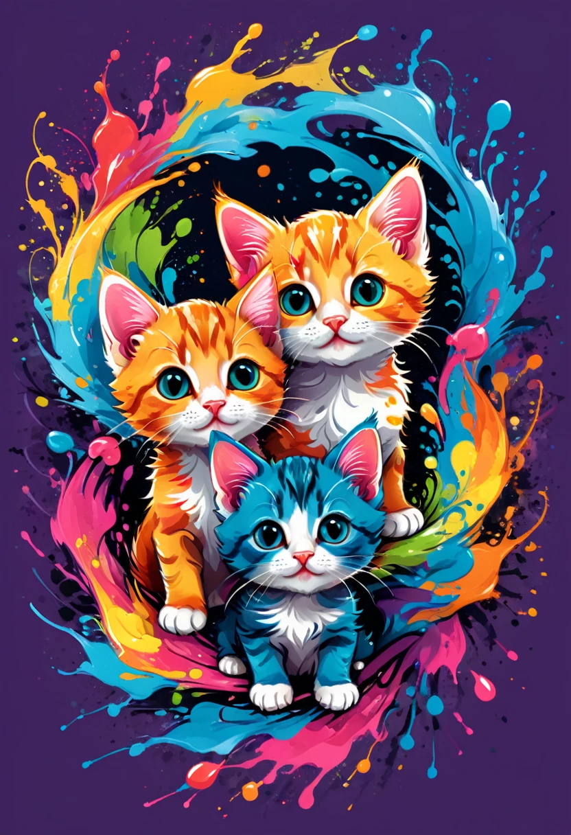 A t-shirt with vector art of a colorful illustration with two little kittens, At the center, swirly vibrant colors, paint splashes and smears, high détail
(artwork, best quality, proffesional, perfect composition, very aesthetic, absurdrez, super verbose, Intricate details:1.3)