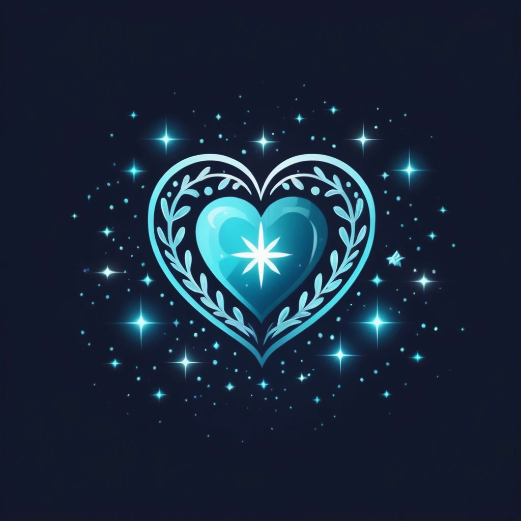 A logo with a beautiful magical heart with sparkles, snowflakes and stars around you, Dark blue, light blue and turquoise.