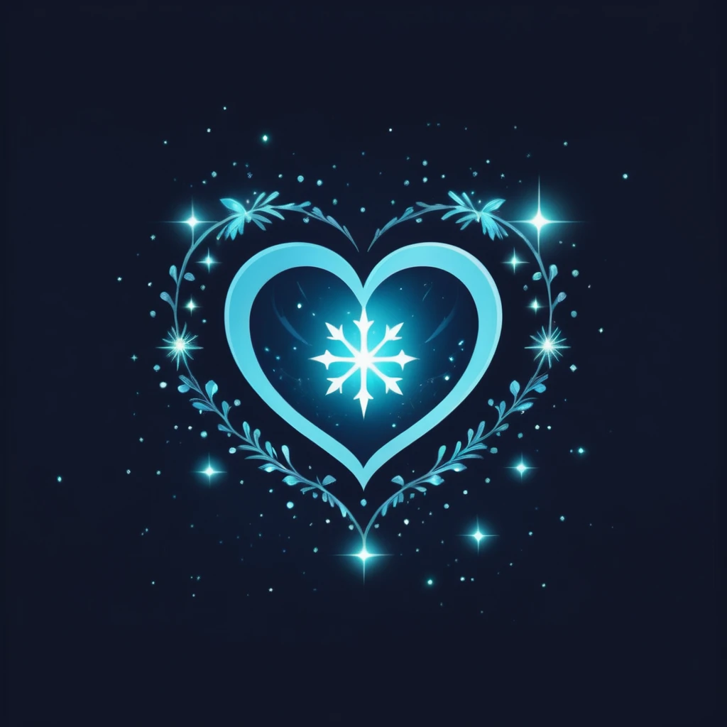 A logo with a beautiful magical heart with sparkles, snowflakes and stars around you, Dark blue, light blue and turquoise.