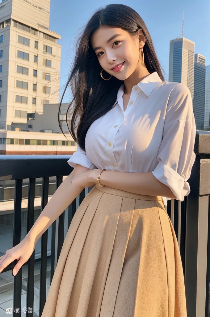 Rooftop of university building, 4th year university student, ((full body)), ((photo)), ((best qualtiy, 8K, tmasterpiece:1.3)), Focus:1.2, perfect figure beautiful girl:1.4, 1girl, cowboy shot, look at viewer, eyes facing the camera, incredibly absurd, beautiful and cute girl with a photorealistic face, showcasing top-quality craftsmanship, A Japanese girl watching the sunset on the roof of a university building, 19 years old, long, straight, silky black hair, fair skin, big eyes, thin eyebrows, double eyelids, long eyelashes, pink lips, smile, devilish smile, gorgeous features, well-defined facial features, beautiful face line, mysterious beauty, slender, tall, well-balanced proportions, large E-cup breasts, white shirt, tight black skirt, beige pumps, gold necklace and bracelet, small earrings, elegant ring, pretty girl, beauty, devilish type, pretty older sister, passionate about art, sociable, friendly, positive, has leadership skills, is proactive, is flexible, gets things done efficiently, works hard towards dreams and goals, March