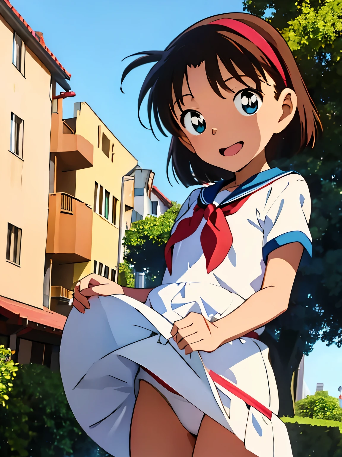 Anime girl in uniform holding a skirt in front of a building - SeaArt AI