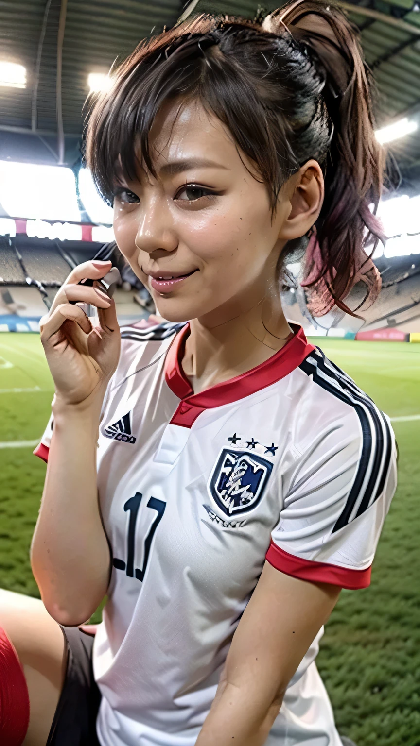 (Cute Japanese female soccer players、((A soccer player girl doing a goal performance、Guts pose、((whole body:1.5))、During a football match:1.1、Smiling at the stadium)))、(Realistic、Like a photograph、Live Action、8K, Realistic, RAW Photos, Best image quality: 1.4), Single-lens reflex camera、RAW Photos, Highest quality, Realistic, Very detailed CG Unity 8k wallpaper, Written boundary depth, Cinematic Light, Lens flare, Ray Tracing, Realistic background、Many people々、((ultra high density skin))、(Wearing a soccer uniform、Wearing soccer spikes)、 Pink inner color hair、short hair:1.2、Hold your hair in place with a hair clip、I like that style、stylish、Very detailed、Pay attention to the details、Perfect outfit、(Sunburned skin)、Beautiful feet:1.1，View from the front