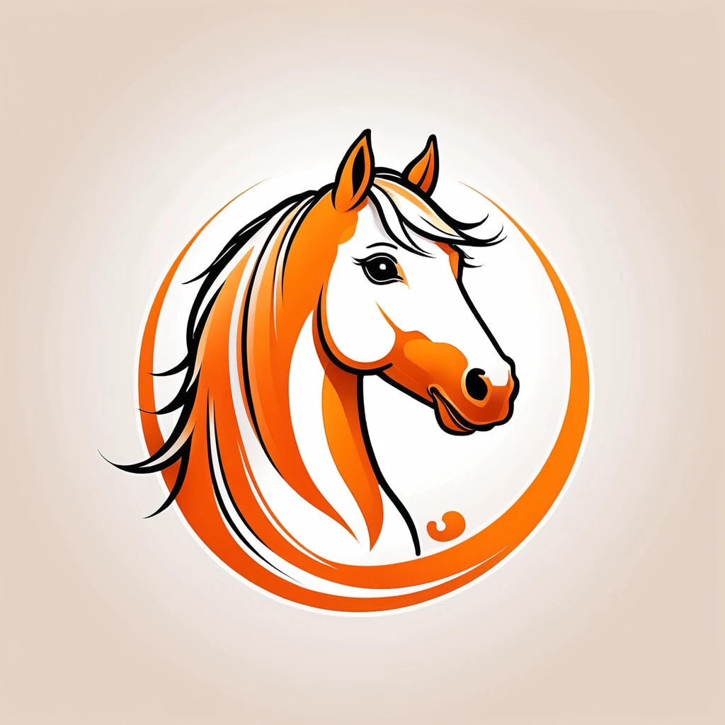 Horse logo design, cartoon animal character in a kawaii art style, stroke illustration, white and orange