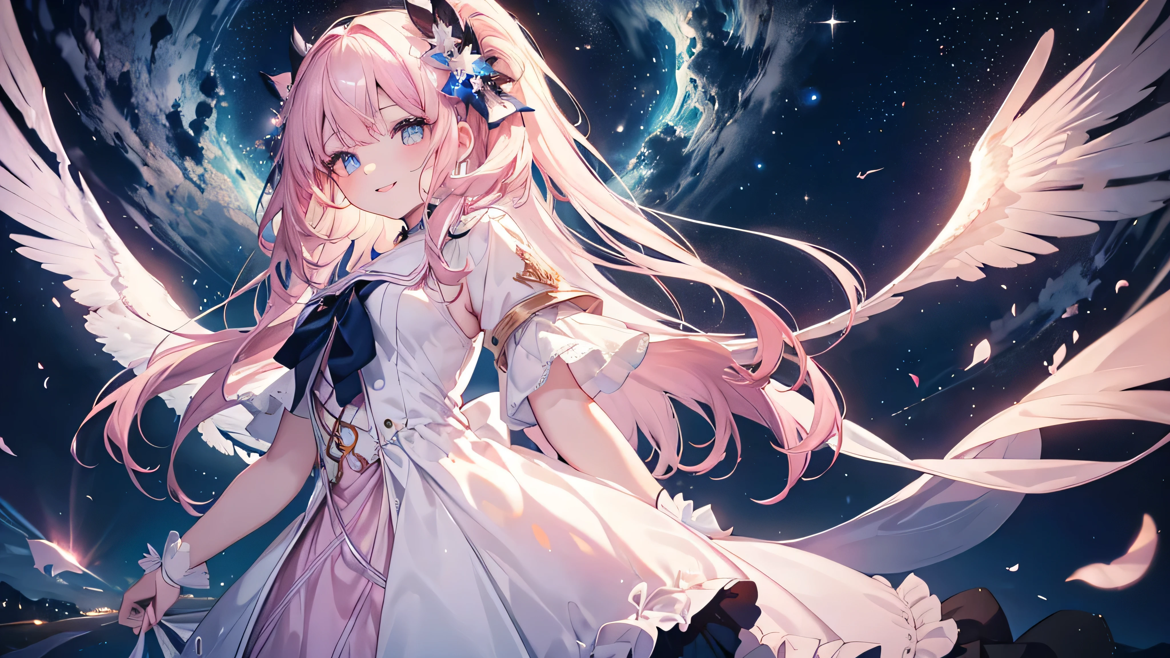 (Night Sky), ((Beautiful eyes)), (((The best smile,Angle from below))), (((Highest quality、masterpiece、Ultra-fine、Ultra-fine、Exquisite、16K、Full HD,high school girl))) 、Long eyelashes、White skin、(thin and long)、 ((cute)) ((One person),(A magnificent composition、epic proportion)、(Pale pink lips、Pale pink cheeks、thin and long)、Dynamic lighting,