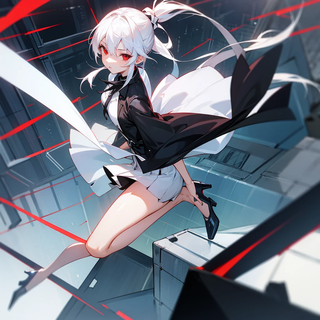White hair, long hair ponytail
Short skirt , heels, red eyes girl
On a rooftop