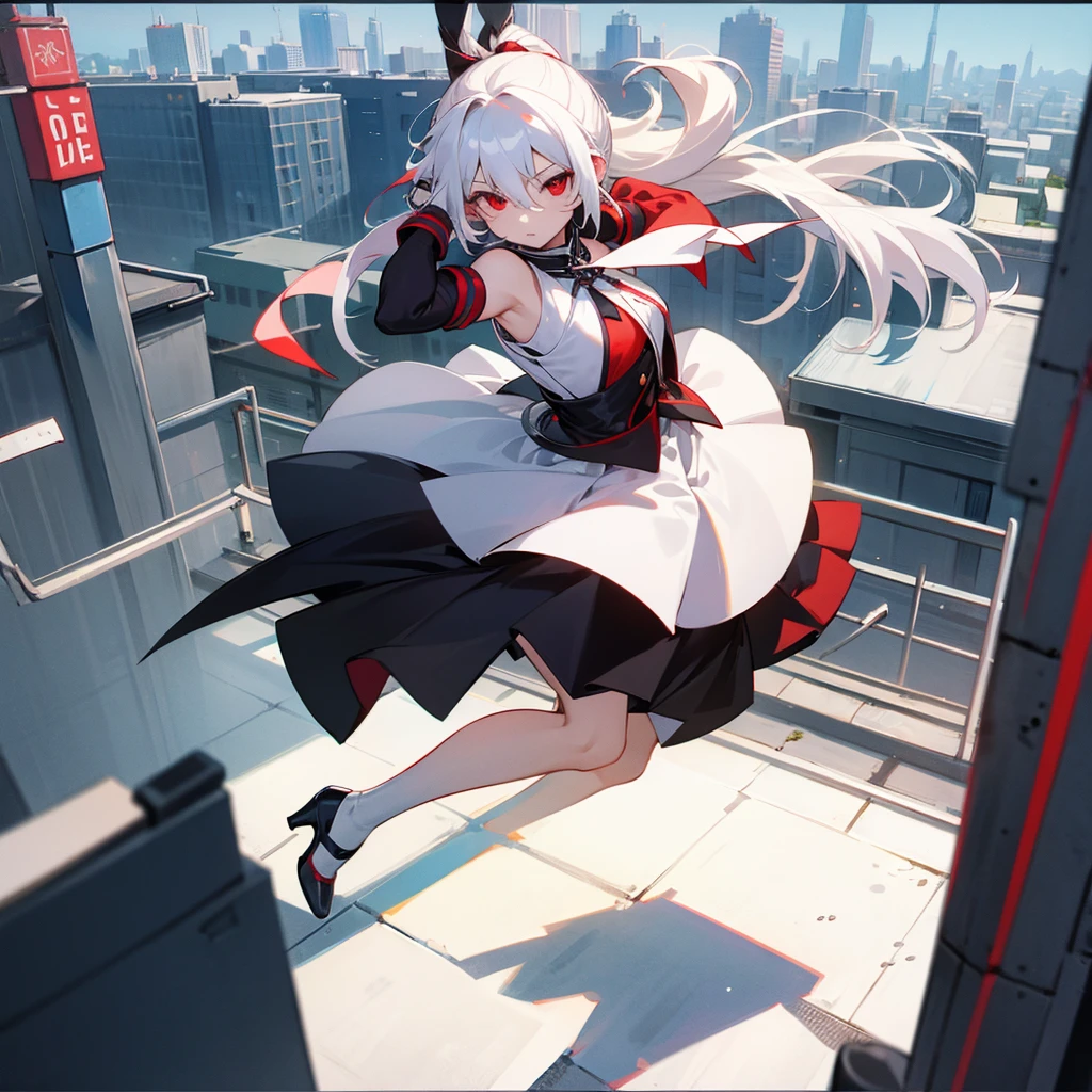 White hair, long hair ponytail
Short skirt , heels, red eyes girl 
On a rooftop 

