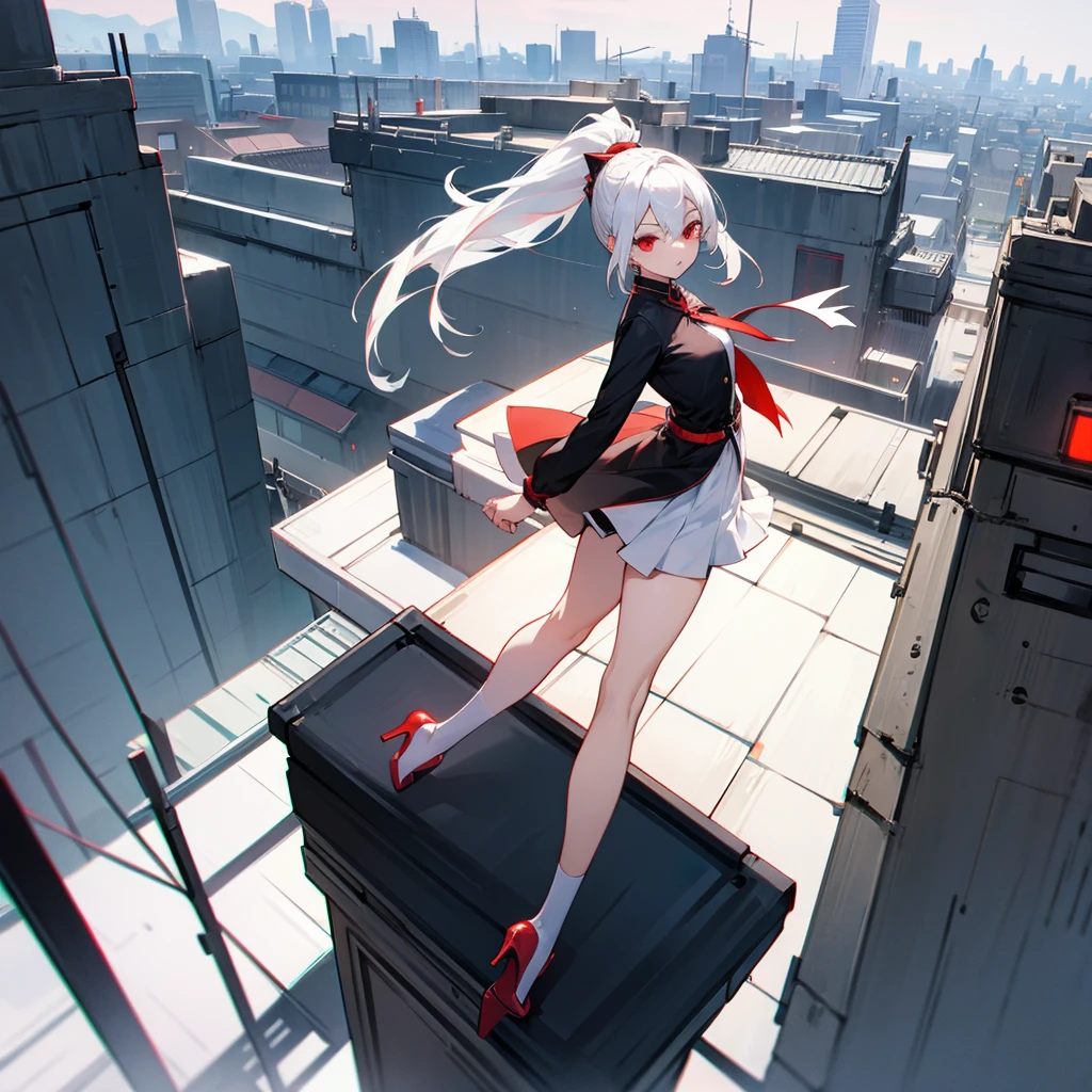 White hair, long hair ponytail
Short skirt , heels, red eyes girl
On a rooftop