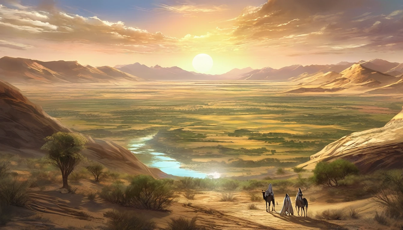 The vast, harsh desert stretches as far as the eye can see., Its aridity was only cut short by the ancient stone cities, Standing on the horizon. A tranquil oasis unfolds before your eyes, The water surface reflecting the golden light of the setting sun. The story unfolds in this desolate landscape., A town where Abraham and his wife Sarah took temporary refuge, Secrets of the past and future intertwine. Genesis 20、Revealing a landmark encounter in this ancient landscape. anime style image