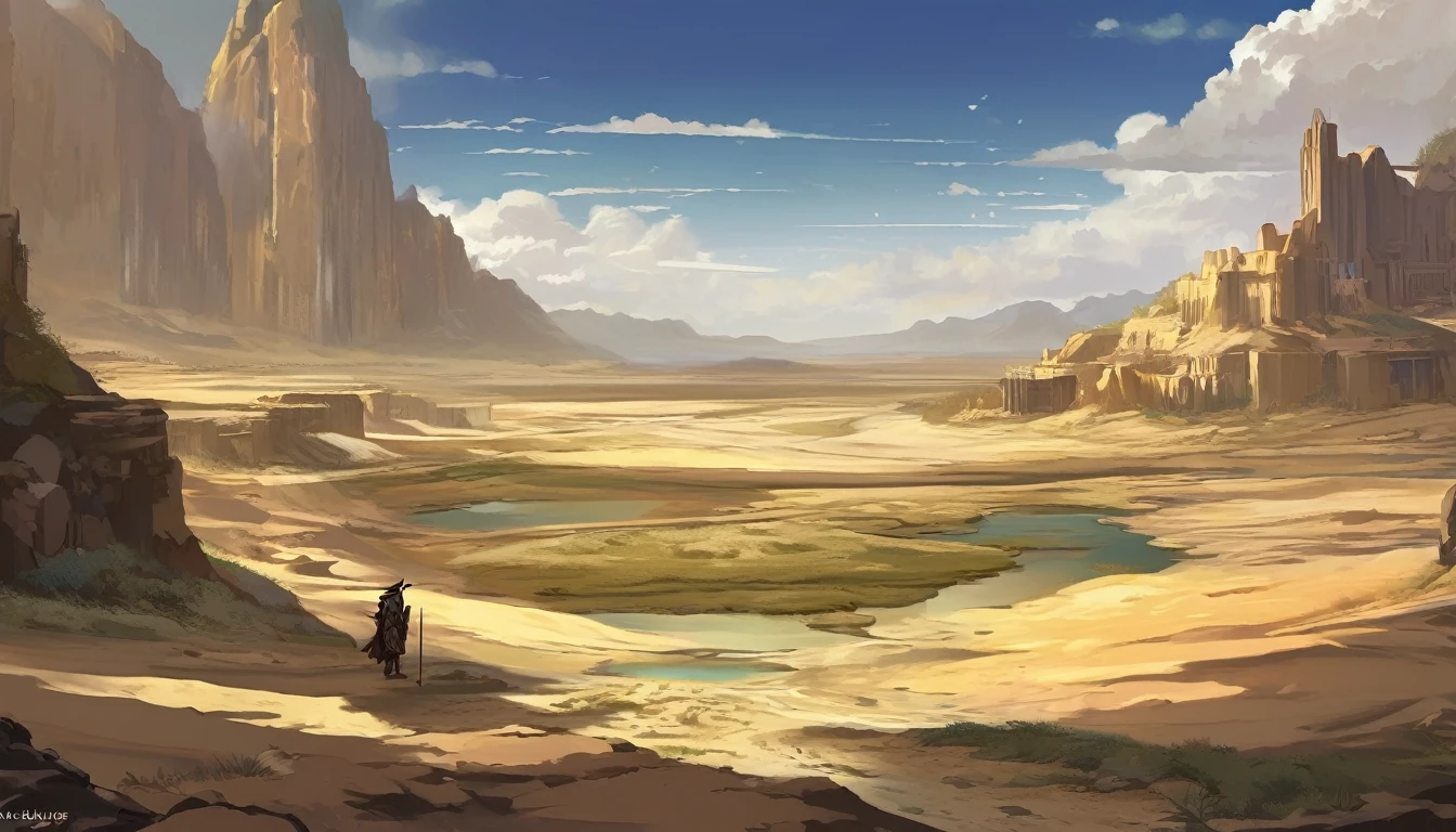 The vast, harsh desert stretches as far as the eye can see., Its aridity was only cut short by the ancient stone cities, Standing on the horizon. A tranquil oasis unfolds before your eyes, The water surface reflecting the golden light of the setting sun. The story unfolds in this desolate landscape., A town where Abraham and his wife Sarah took temporary refuge, Secrets of the past and future intertwine. Genesis 20、Revealing a landmark encounter in this ancient landscape. anime style image