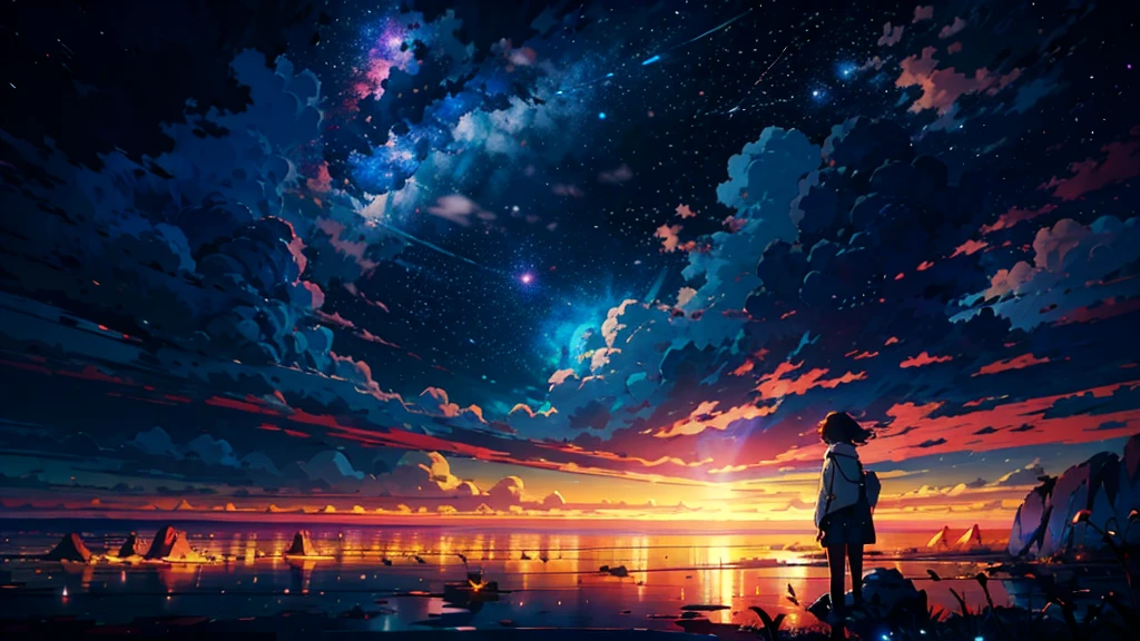 Anime girl standing on a rock looking at the star-filled sky, Makoto Shinkai Cyril Roland, anime art wallpaper 4k, anime art wallpaper 4k, Anime Art Wallpapers 8K, Space Sky. Por Makoto Shinkai, Inspired by Cyril Rolland, Not Dan Mumford-esque artwork., Amazing Paper Wallpaper, by Yuumei
