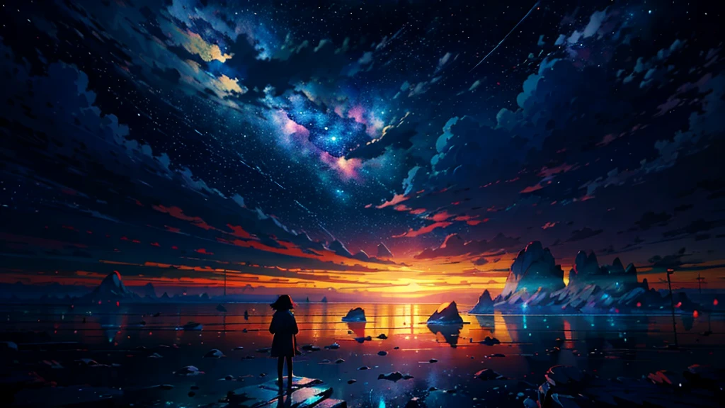 Anime girl standing on a rock looking at the star-filled sky, Makoto Shinkai Cyril Roland, anime art wallpaper 4k, anime art wallpaper 4k, Anime Art Wallpapers 8K, Space Sky. Por Makoto Shinkai, Inspired by Cyril Rolland, Not Dan Mumford-esque artwork., Amazing Paper Wallpaper, by Yuumei