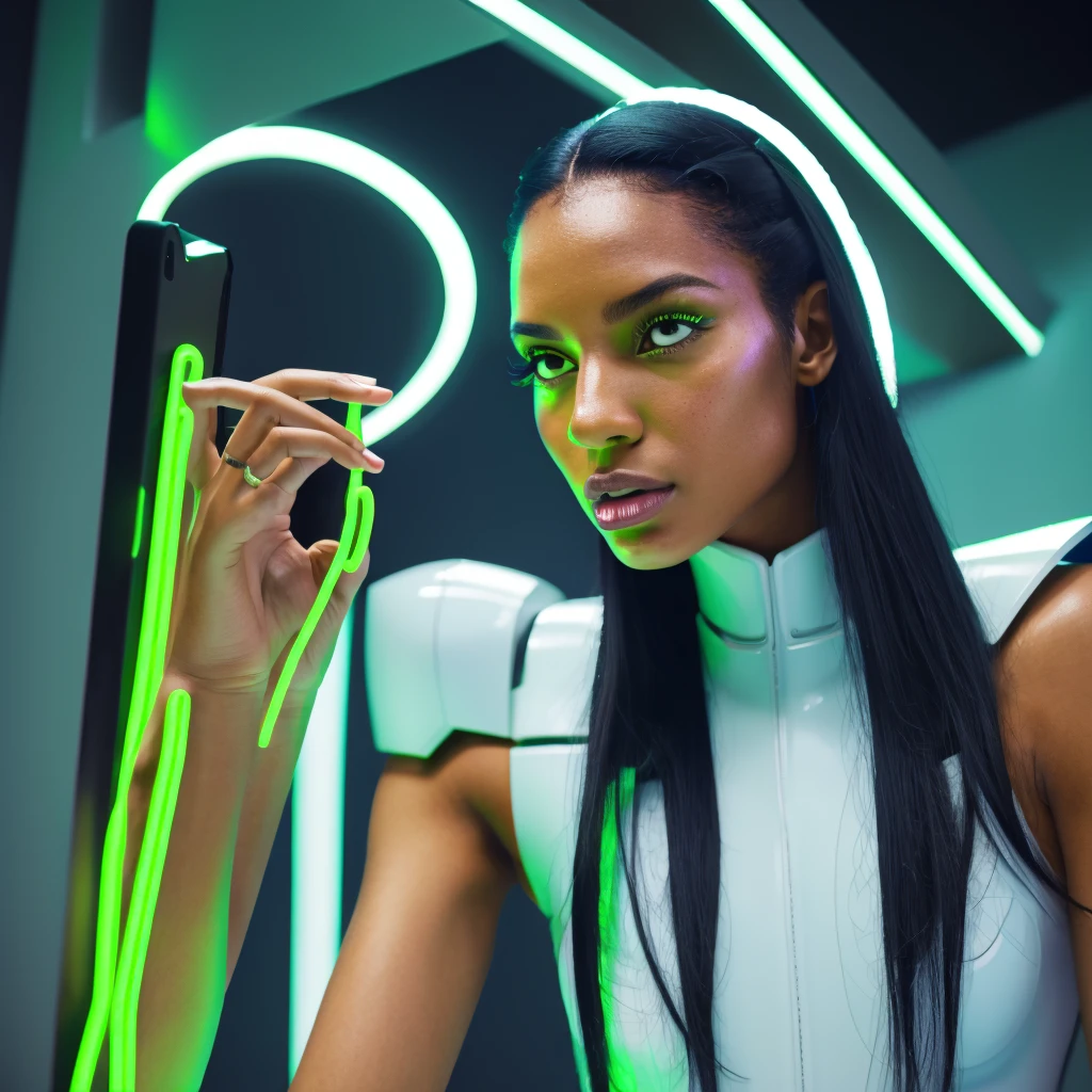 raw photo taken by Fugifilm, half up body shot, a black woman, with long black hair, thin nose, brown eyes, wearing a white futuristic outfit with green, lilac, yellow and green neon lights. His hands are androids full of wires, a robotic hand, holding a cell phone, looking at the cell phone, ultra high resolution:1.5
