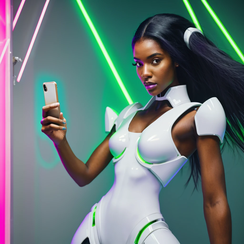 raw photo taken by Fugifilm, half up body shot, a black woman, with long black hair, thin nose, brown eyes, wearing a white futuristic outfit with green, lilac, yellow and green neon lights. His hands are androids full of wires, a robotic hand, holding a cell phone, looking at the cell phone, ultra high resolution:1.5
