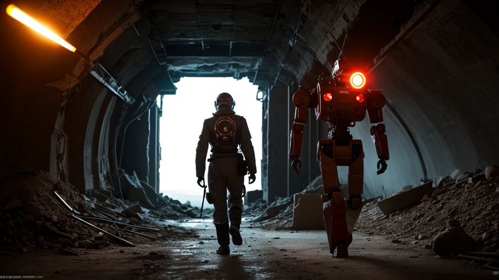 Mechanical Walker Mech. Armed Right arm cannon left arm robot arm, Machine dark colors, Walking in ruined underground city illuminated by red flare. Female Pilot barely visible through Mech window., anime style, anime, glowing light, reflection light, masterpiece, high quality, award winning, highres, best quality