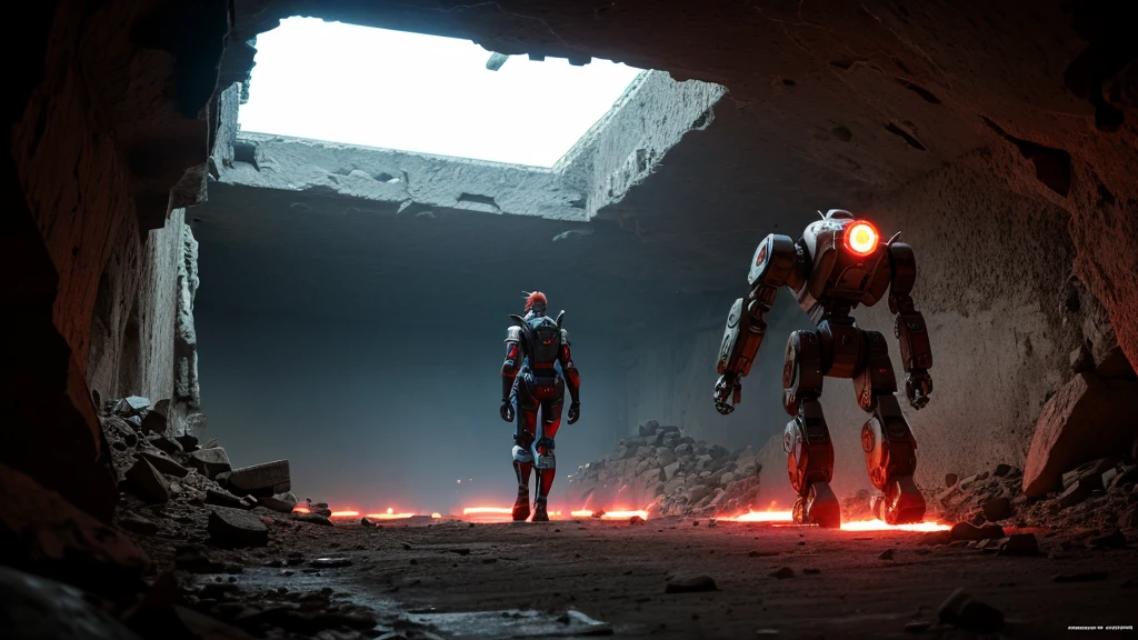 Mechanical Walker Mech. Armed Right arm cannon left arm robot arm, Machine dark colors, Walking in ruined underground city illuminated by red flare. Female Pilot barely visible through Mech window., anime style, anime, glowing light, reflection light, masterpiece, high quality, award winning, highres, best quality