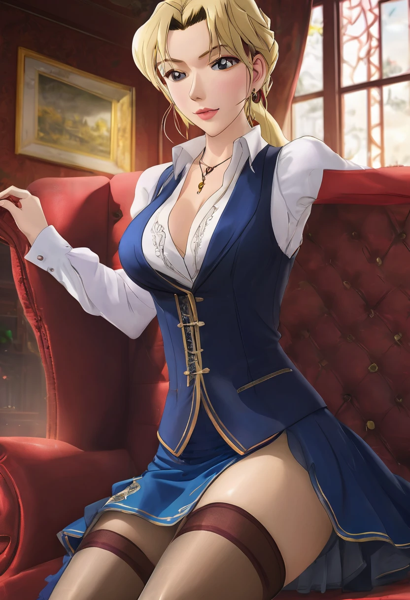 (masterpiece, best quality:1.2), ((Extremely detailed)), high resolution, Anime style , photo, photography, Detailed background,1. Beautiful woman Lei Dianming, (Pantyhose), boots,Cowboy shooting, Looking at the audience,A faint smile, earrings, skirt, Necklace, Vest, Cross your legs, From below, On the sofa, Windows, living room,Anime style，blond