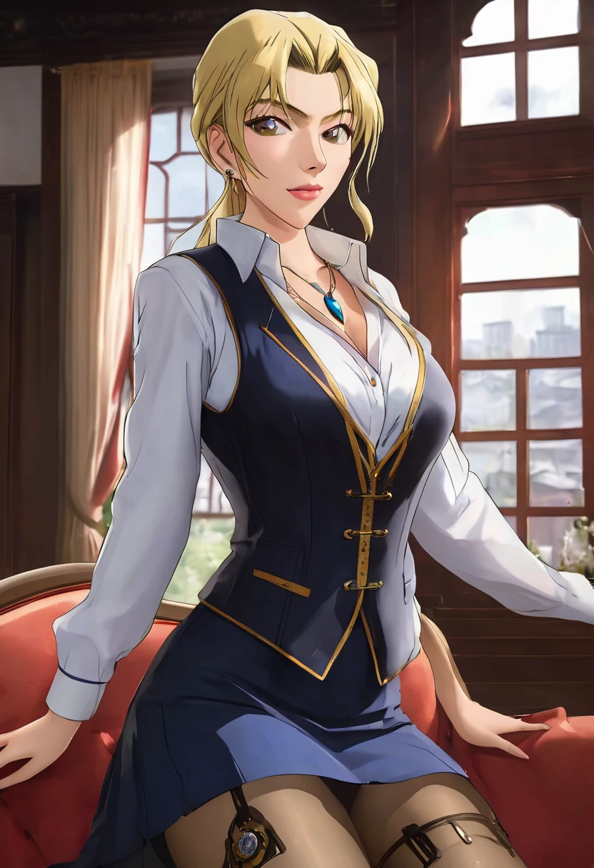 (masterpiece, best quality:1.2), ((Extremely detailed)), high resolution, Anime style , photo, photography, Detailed background,1. Beautiful woman Lei Dianming, (Pantyhose), boots,Cowboy shooting, Looking at the audience,A faint smile, earrings, skirt, Necklace, Vest, Cross your legs, From below, On the sofa, Windows, living room,Anime style,blond