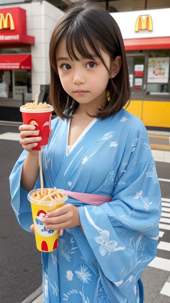  girl　Japanese　Light blue yukata　Realistic Skin　eating McDonald's Big Mac