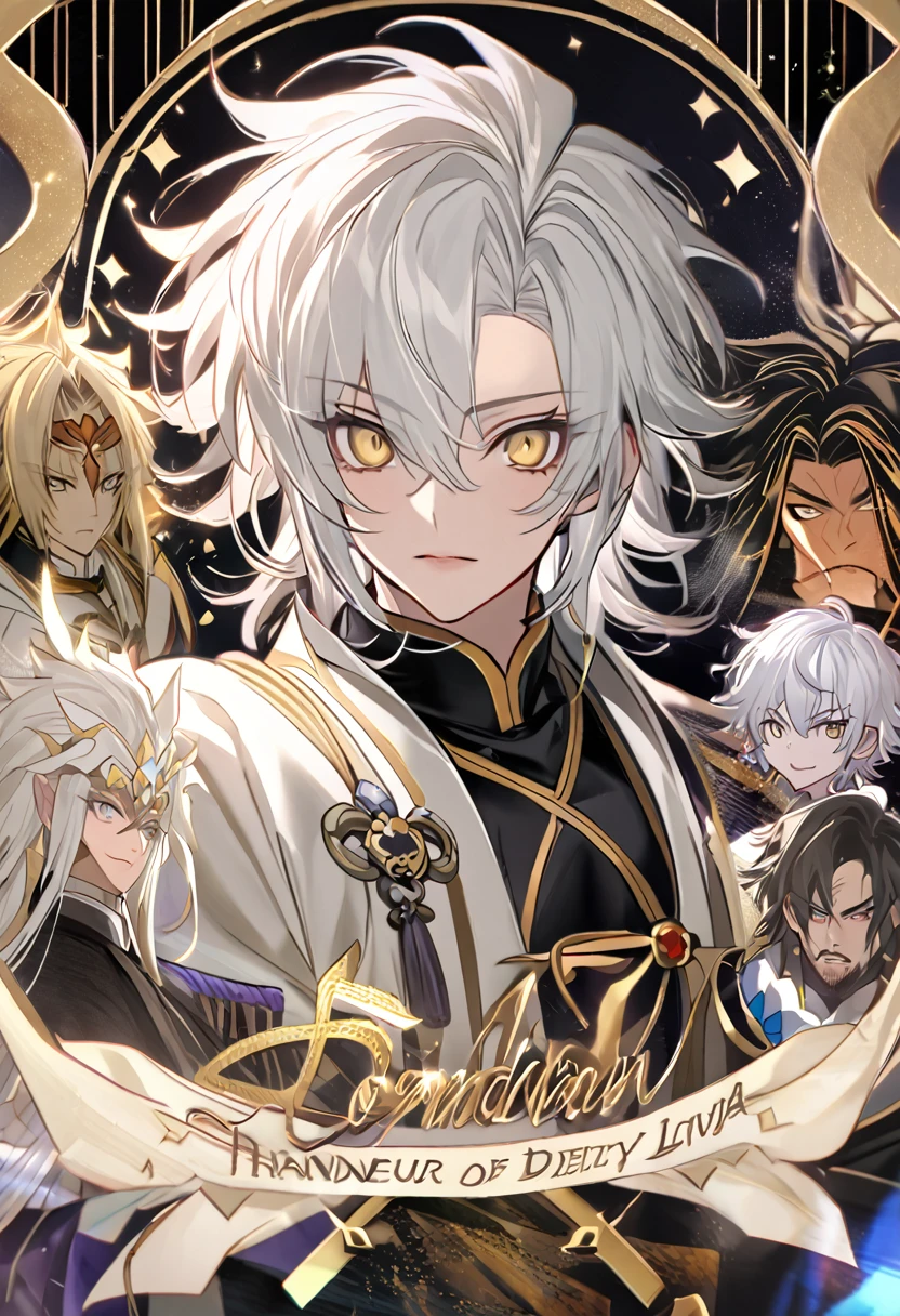 アニメ, 1 homem de pele oscura com white  hair e longos com uma fraja no dado direito e um livro nas mãos, 37 years old, gold eyes, cute androgynous prince, white  hair deity, handsome guy in demon slayer art, photo of a male cleric, white  hair, portrait of thancred, arte detalhada de personagem de アニメ